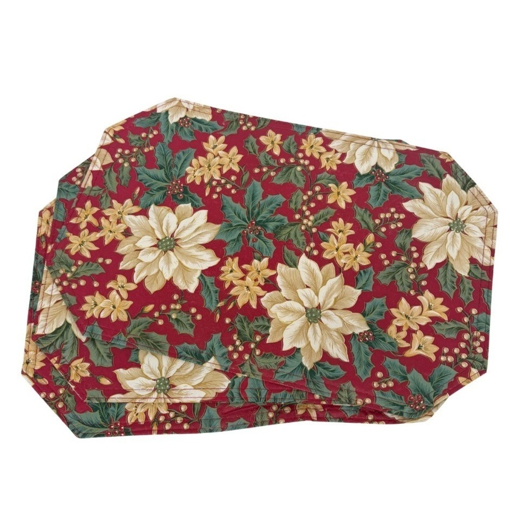 Vinyl‎ Placemats Poinsettia Christmas Holiday Floral Red Green Gold 3 PC
